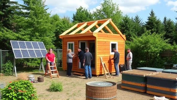A serene outdoor setting with a group of workshop participants assembling a tiny house structure, surrounded by lush greenery, solar panels, and composting bins, embodying the sustainable and communal spirit of the TinyHaus Academy workshops.