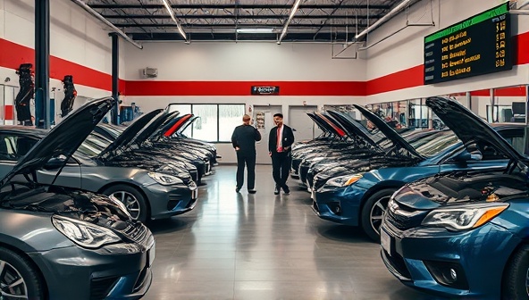 An inviting auto repair shop setting with a diverse team of mechanics working on cars, tools neatly organized, and a digital board displaying upcoming service appointments, conveying efficiency and professionalism.