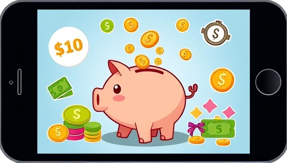 A colorful and playful app interface showing a cartoon piggy bank with coins dropping into it, surrounded by vibrant money-related icons representing savings and financial education.