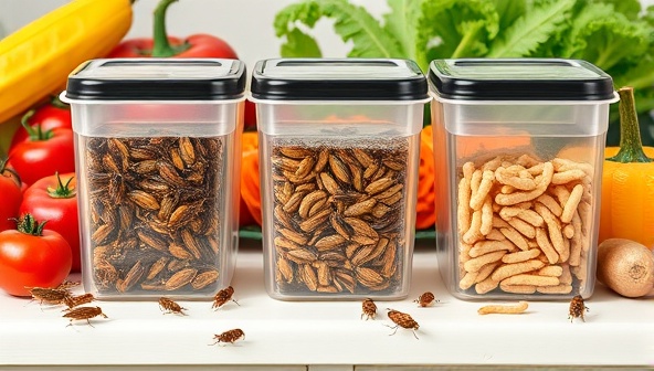 An artistic representation of a modern insect farm setup with transparent containers showcasing crickets and mealworms, surrounded by vibrant vegetables and fruits, illustrating the eco-friendly and innovative approach to edible insect farming.