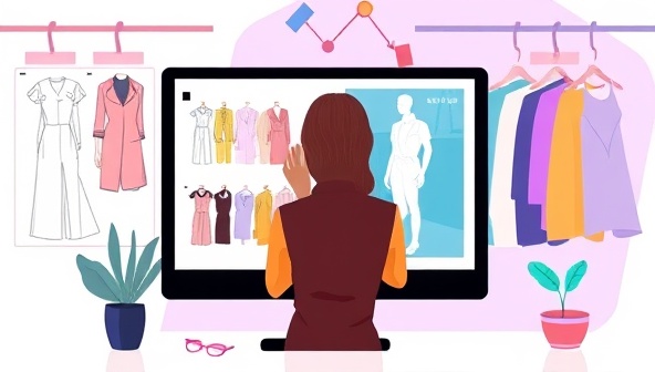 A digital illustration depicting a virtual stylist interacting with a client through a computer screen, surrounded by colorful fashion sketches and clothing swatches, showcasing a modern and personalized styling experience.