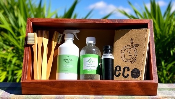 An eco-friendly travel kit displayed in a rustic wooden box, featuring bamboo toothbrushes, refillable shampoo containers, and a travel journal made from recycled materials, set against a backdrop of lush greenery and a clear blue sky.