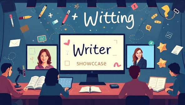 A dynamic digital illustration of a virtual writing showcase, with diverse writers presenting their portfolios on interactive screens, surrounded by creative elements like floating pens, glowing words, and collaborative symbols, symbolizing the vibrant and connected writing community fostered by PortFolioWrite, capturing the essence of creativity and collaboration.