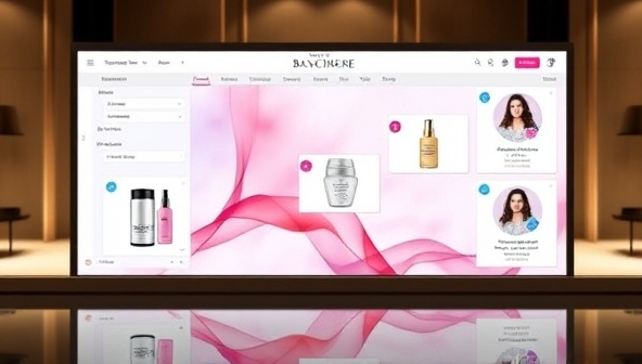 An elegant digital interface displaying the BeautySphere Concierge platform, featuring sleek design elements, beauty product images, and chat bubbles with beauty advisors, conveying a sense of luxury and personalized service.