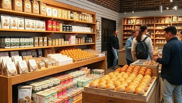 An artisanal market setup showcasing an array of beautifully packaged gourmet products on wooden display shelves, with vendors interacting with curious customers and the aroma of freshly baked bread wafting through the air, creating a vibrant and enticing atmosphere.
