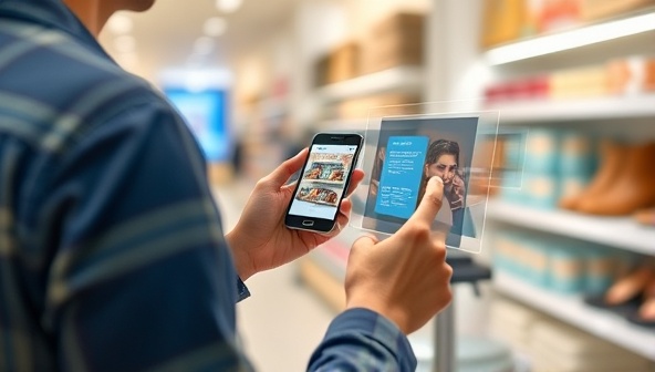 An engaging visual of a customer using a smartphone to interact with AR content overlaid on a real-world product in a retail store, showcasing the seamless integration of digital and physical experiences through AR technology.