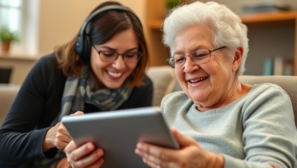 An image of a senior individual smiling while using a tablet with the assistance of a tech mentor, showcasing the joy of learning new digital skills and staying connected through technology in a supportive and engaging environment.
