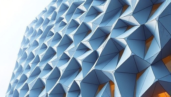 An artistic visualization of a parametrically designed building facade, showcasing intricate geometric patterns and dynamic forms created through computational design tools, highlighting the workshop's focus on innovation.