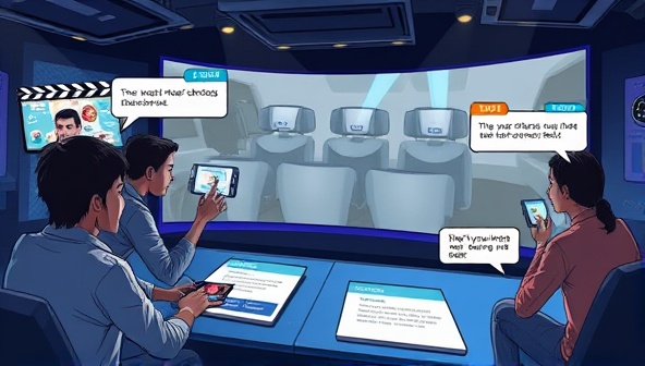 A dynamic digital illustration depicting users interacting with a virtual movie scene, making choices that affect the storyline, with cinematic visuals and interactive prompts, showcasing the immersive and engaging nature of the interactive movie experience.