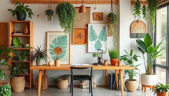 An eco-friendly travel planning office adorned with recycled materials, sustainable decor, potted plants, and nature-inspired artwork, creating a harmonious and green workspace that embodies the ethos of GreenRoute Consult in promoting responsible and sustainable travel experiences.