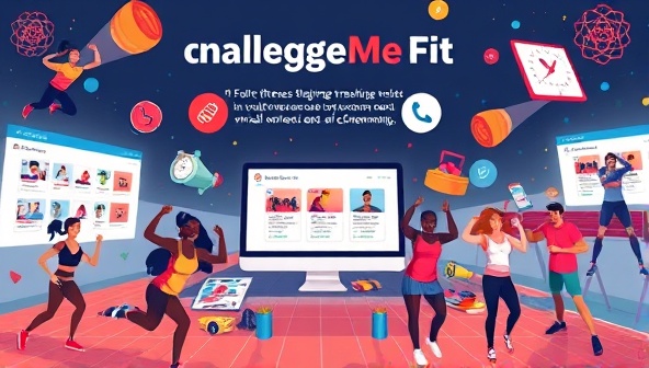 An energetic and dynamic visual representation of ChallengeMe Fit showcasing diverse fitness challenges, progress tracking tools, and a vibrant online community engaging in virtual workouts, competitions, and supportive interactions, illustrating the spirit of motivation and achievement within the platform.