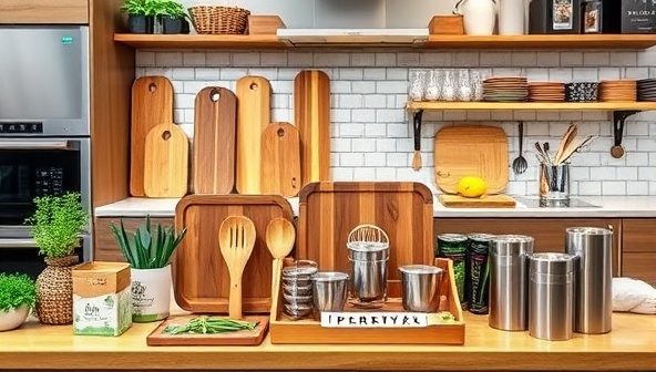 A kitchen display showcasing a variety of plant-based kitchenware products, including bamboo cutting boards, silicone utensils, and stainless steel containers, arranged in a modern and inviting kitchen setting, promoting sustainability and style in culinary practices.