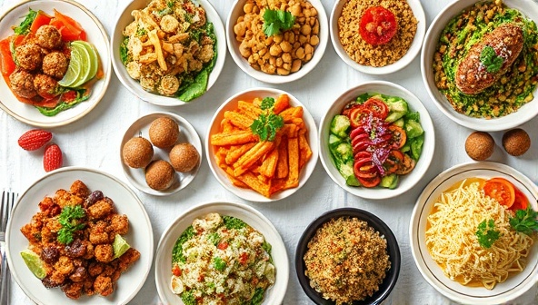 An assortment of colorful and appetizing fitness dishes neatly arranged on a table, with vibrant ingredients and garnishes, creating an enticing visual representation of the diverse recipe options available through the FitFlavors subscription service.