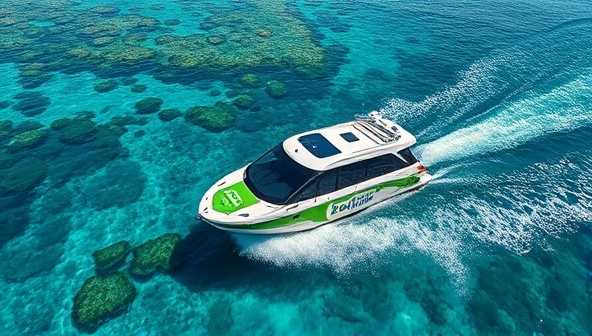 An image of an electric water taxi gliding through crystal-clear waters with a backdrop of coastal scenery and vibrant marine life, illustrating the eco-friendly and picturesque nature of the water taxi service provided by EcoTide Taxis, appealing to environmentally conscious travelers and coastal residents.