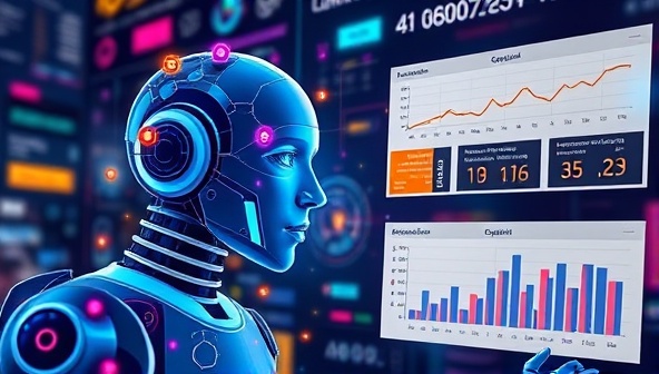 A visually appealing graphic featuring a futuristic AI analyzing email marketing data and generating optimization suggestions, with colorful data visualizations and performance metrics displayed, demonstrating the power and efficiency of OptiMail AI's email marketing optimization tool.