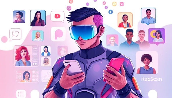 An imaginative digital artwork featuring a futuristic virtual influencer with a sleek, modern aesthetic engaging with a diverse audience on various social media platforms, illustrating the power of virtual influencer marketing.