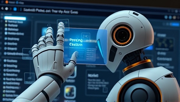 An AI-powered robot scanning a website interface for accessibility features, with digital overlays highlighting areas of improvement and compliance, illustrating the automated and efficient nature of the accessibility checker tool.