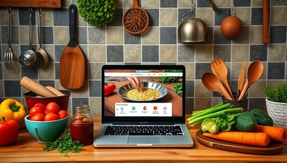 An inviting kitchen setup with fresh ingredients, cooking utensils, and a laptop displaying a virtual cooking class, creating a cozy and interactive cooking environment for clients to learn and explore new culinary skills.