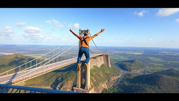 An exhilarating image of a bungee jumper leaping off a towering bridge, captured mid-air with a picturesque landscape in the background, conveying the spirit of adventure and excitement.