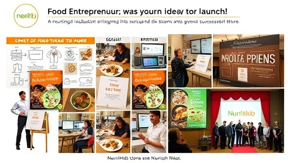 A digital collage representing the journey of a food entrepreneur from idea to launch, featuring images of concept sketches, product development stages, mentorship meetings, and a grand opening event, symbolizing the growth and transformation facilitated by NourishHub Incubator in nurturing culinary dreams into successful ventures.