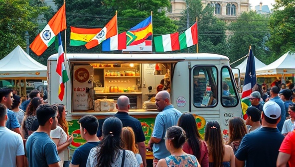 An eclectic image featuring a vibrant food truck adorned with colorful flags from different countries, surrounded by a bustling crowd sampling fusion dishes like Korean tacos, Indian-inspired burritos, and Italian sushi rolls, evoking a sense of cultural diversity and culinary creativity.