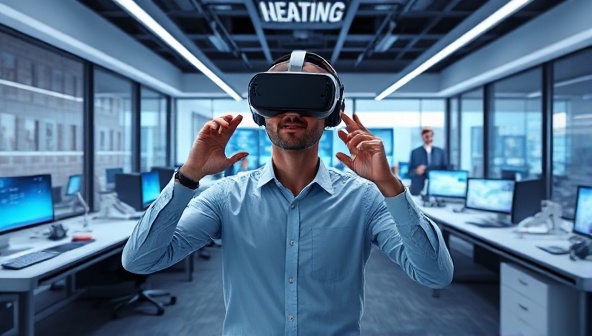 An immersive VR simulation of a new employee navigating a virtual office environment, interacting with digital avatars representing colleagues, and participating in onboarding activities like training modules and team introductions, illustrating the engaging and futuristic approach of OnboardVR Solutions in employee onboarding.