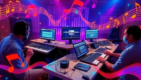 An artistic representation of a virtual music production workshop with participants experimenting with digital audio interfaces, MIDI controllers, and musical instruments, surrounded by colorful sound waves and music notes, conveying a creative and dynamic atmosphere.