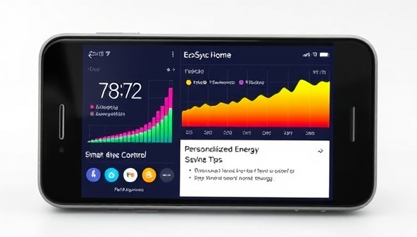 A smartphone displaying the EcoSync Home app interface with colorful graphs showing energy consumption patterns, smart devices connected for control, and personalized energy-saving tips, creating a seamless and efficient home energy management experience for users.