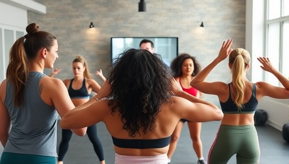 An energizing and motivational fitness scene depicting a diverse group of individuals working out together virtually, led by a fitness coach on screen, with positive energy and encouragement evident in the interaction, reflecting the spirit of FitTribe Online's virtual fitness community.