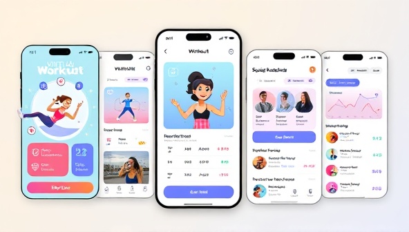 An interactive fitness app interface featuring virtual workout challenges, progress tracking, and social leaderboards, encouraging users to stay active and connected through gamified fitness activities, creating a vibrant and engaging fitness community.