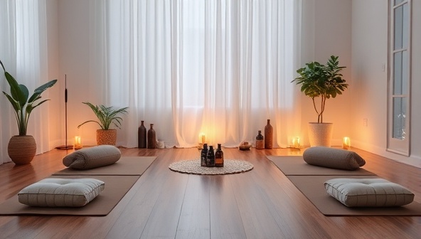 A serene and tranquil image featuring a virtual wellness retreat setup with yoga mats, meditation cushions, calming essential oils, and soothing lighting, creating a peaceful and immersive environment for subscribers to experience holistic self-care online.