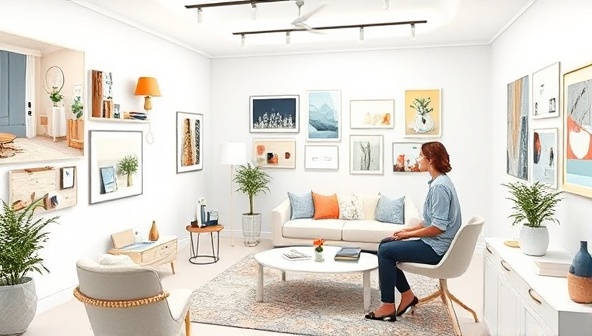 An artistic rendering of a virtual design studio filled with digital mood boards, 3D room layouts, and interactive design tools, with a professional designer guiding a client through a virtual room makeover, illustrating the virtual design experience offered by the designvision virtual platform.
