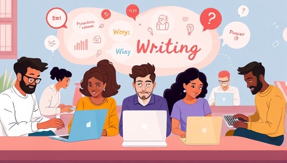 An animated scene of diverse characters typing on laptops and brainstorming creative ideas together in a virtual writing challenge, showcasing the collaborative and competitive spirit of WordWarriors' platform.