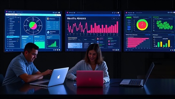 A virtual team of website maintenance experts working collaboratively on laptops, with digital screens displaying website dashboards, security alerts, and performance metrics, illustrating a proactive and efficient approach to website management.