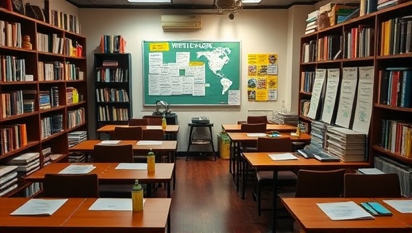 An inviting and cozy co-working space with rows of writing desks, bookshelves filled with literary works, and a vibrant notice board displaying writing prompts and community announcements, creating a bustling and creative atmosphere for writers at The Writer's Nook.