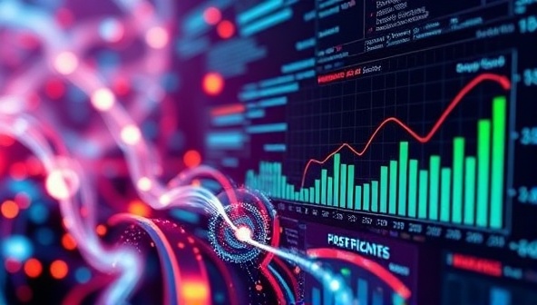 An abstract representation of data streams flowing into a digital interface, transforming into design elements and performance metrics, symbolizing the integration of data-driven analytics into the web design process at DataWise Design in a visually compelling and informative manner.