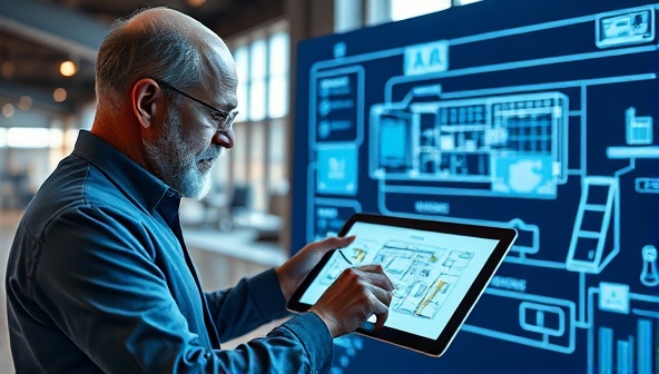An architect interacting with a futuristic AI design assistant on a digital tablet, reviewing floor plans and design concepts generated by the AI, showcasing the seamless integration of technology with traditional architectural processes.