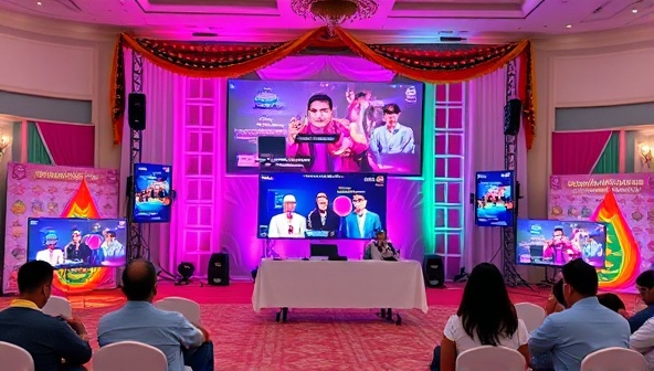 An engaging virtual event setup with colorful digital decorations, multiple screens showing different event activities, and participants enjoying the interactive experience, capturing the essence of virtual gatherings.