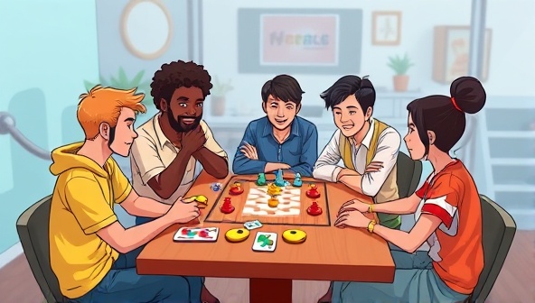 An animated scene depicting a group of diverse avatars sitting around a virtual table, engaged in a lively board game session with colorful game pieces and cards, conveying a sense of camaraderie and fun.