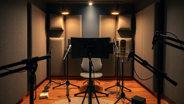 An atmospheric audio recording studio setup with microphones, soundproof panels, and recording equipment, capturing the essence of creativity and storytelling in a podcast production environment.