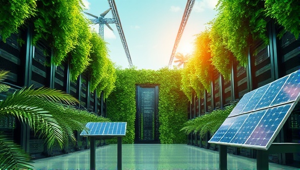 An artistic representation of a lush green data center powered by renewable energy sources, surrounded by eco-friendly server racks and solar panels, symbolizing the sustainable and environmentally conscious infrastructure of GreenWeb Hosting, promoting a green and clean web hosting solution.