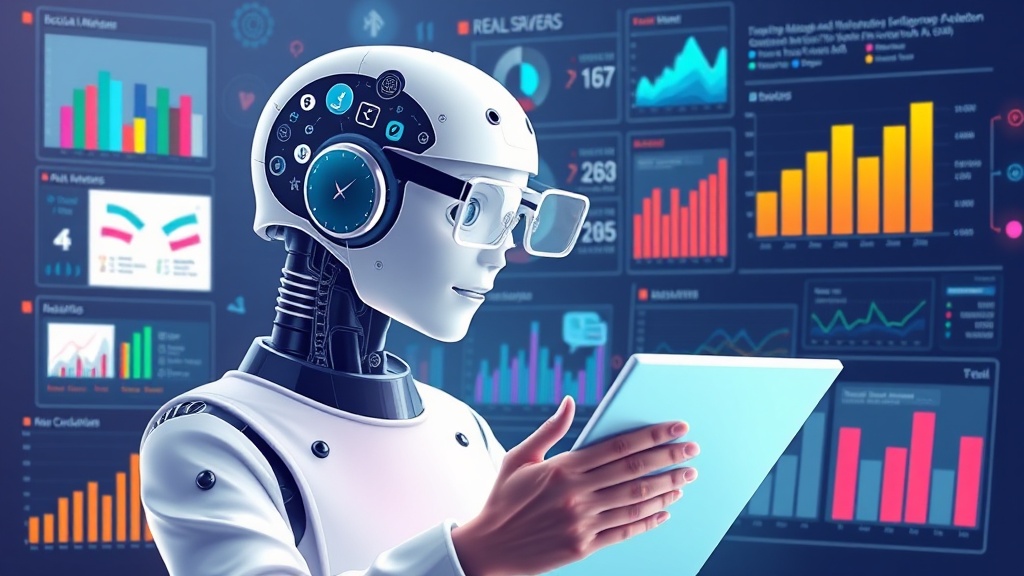 An AI-powered virtual assistant analyzing social media feeds and generating real-time trend reports, surrounded by colorful data visualizations and trend prediction charts, symbolizing the tool's advanced analytics and trend forecasting capabilities, blending human intelligence with AI technology.