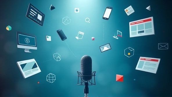 An innovative visualization of a designer speaking into a microphone, surrounded by floating design elements and website components responding to voice commands, illustrating the seamless and creative process enabled by VoiceDesign Pro.