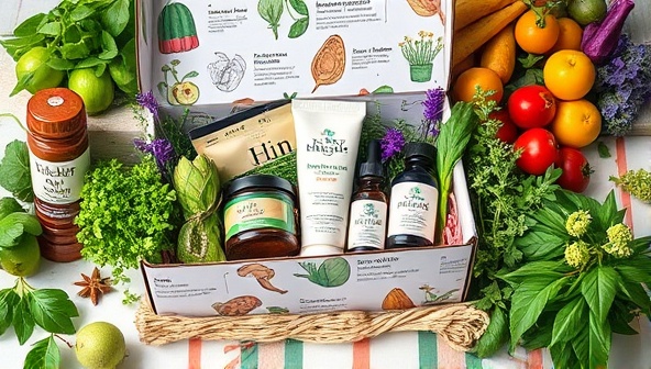 An image of a beautifully designed subscription box filled with vibrant herbal products, surrounded by fresh herbs and botanical illustrations, creating a sense of natural beauty and wellness.