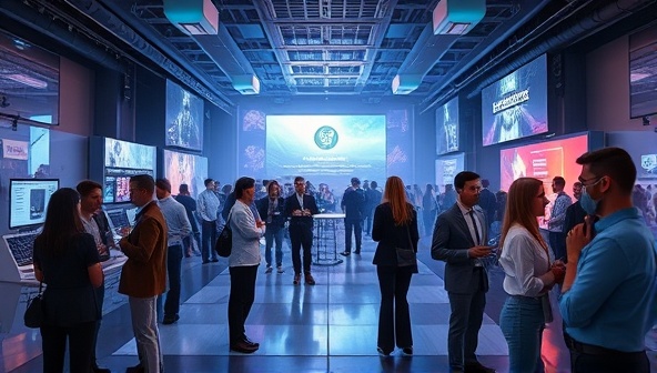 An immersive virtual event setting with interactive features, vibrant graphics, and dynamic avatars engaging in networking activities, showcasing the futuristic and engaging nature of virtual events.