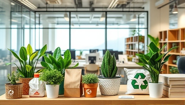An eco-conscious office setting with recyclable materials, green plants, and sustainable office supplies, portraying a commitment to environmental responsibility and sustainability in business operations.