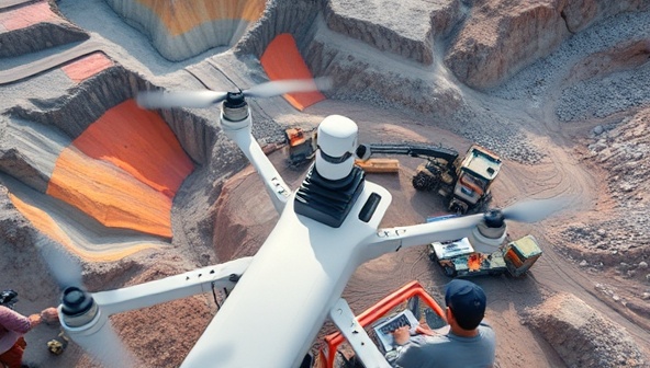 An exciting aerial view captured by a drone, showing a rugged mining landscape with colorful mineral deposits, machinery in operation, and surveyors analyzing data on laptops, highlighting the innovative approach of drone-based mining exploration.