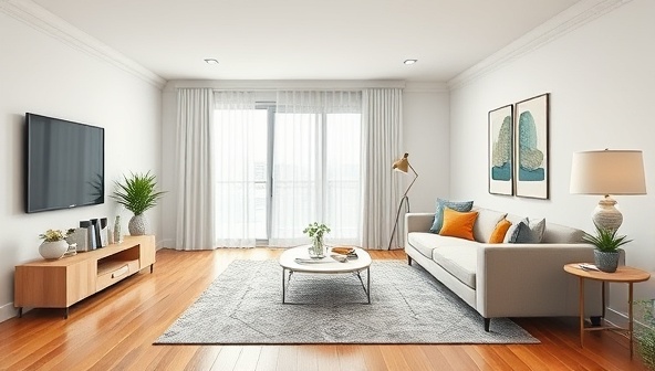 A digital rendering of a vacant living room transformed into a stylish, modern space with virtual furniture, art pieces, and decor, highlighting the potential of virtual staging to enhance property appeal.