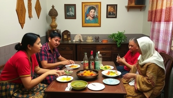 An intimate cultural homestay setting with a traveler sharing a meal with a local host family, surrounded by traditional decor and engaging in cultural exchange, illustrating the warmth and hospitality of homestay experiences in different cultures.