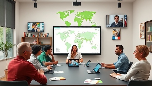 A virtual classroom setting with diverse participants engaging in a language exchange session, with interactive language learning tools and cultural elements displayed on the screen, depicting the immersive and collaborative environment of LingoSphere Virtual's language learning community.